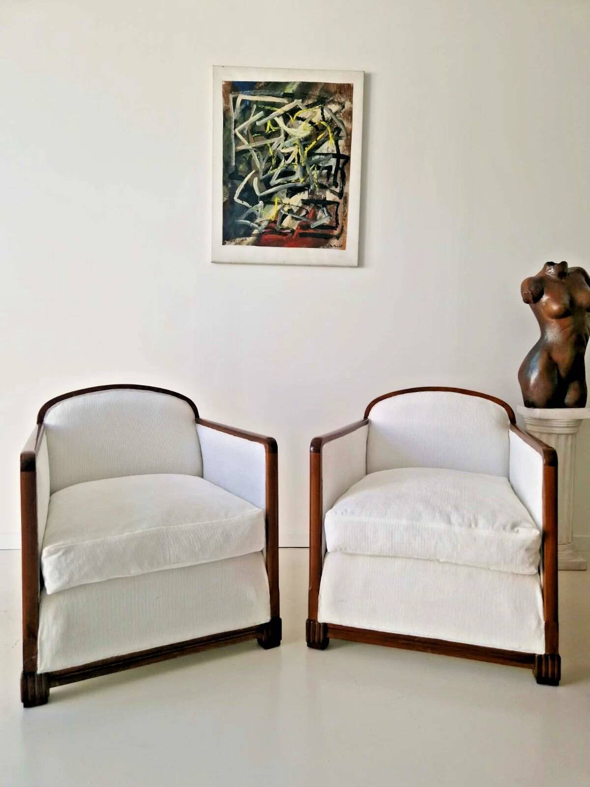 Pair of Large White Art Deco Armchairs 1950s Mid Century Modern Interior De