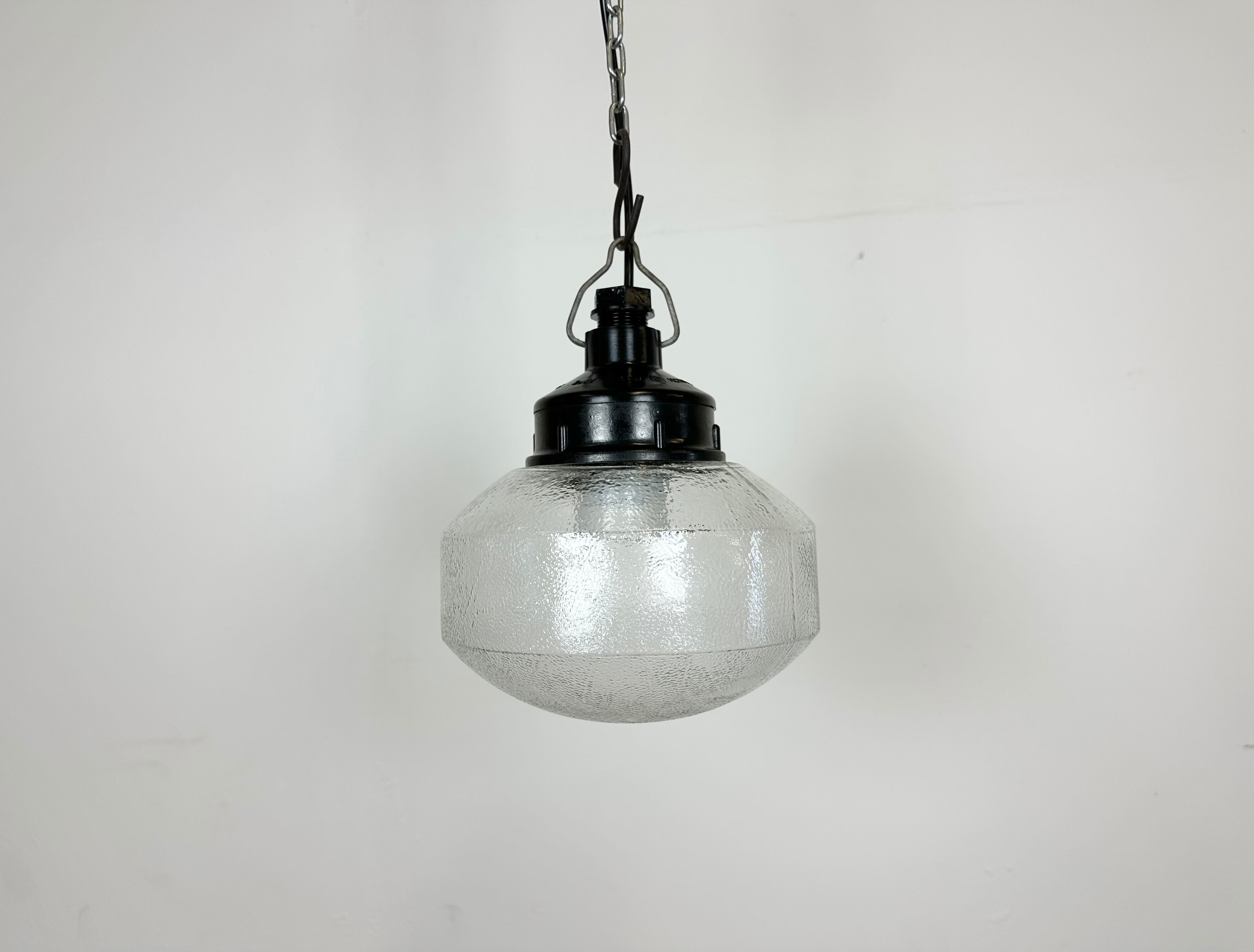 Industrial bakelite pendant light with frosted glass, 1970s