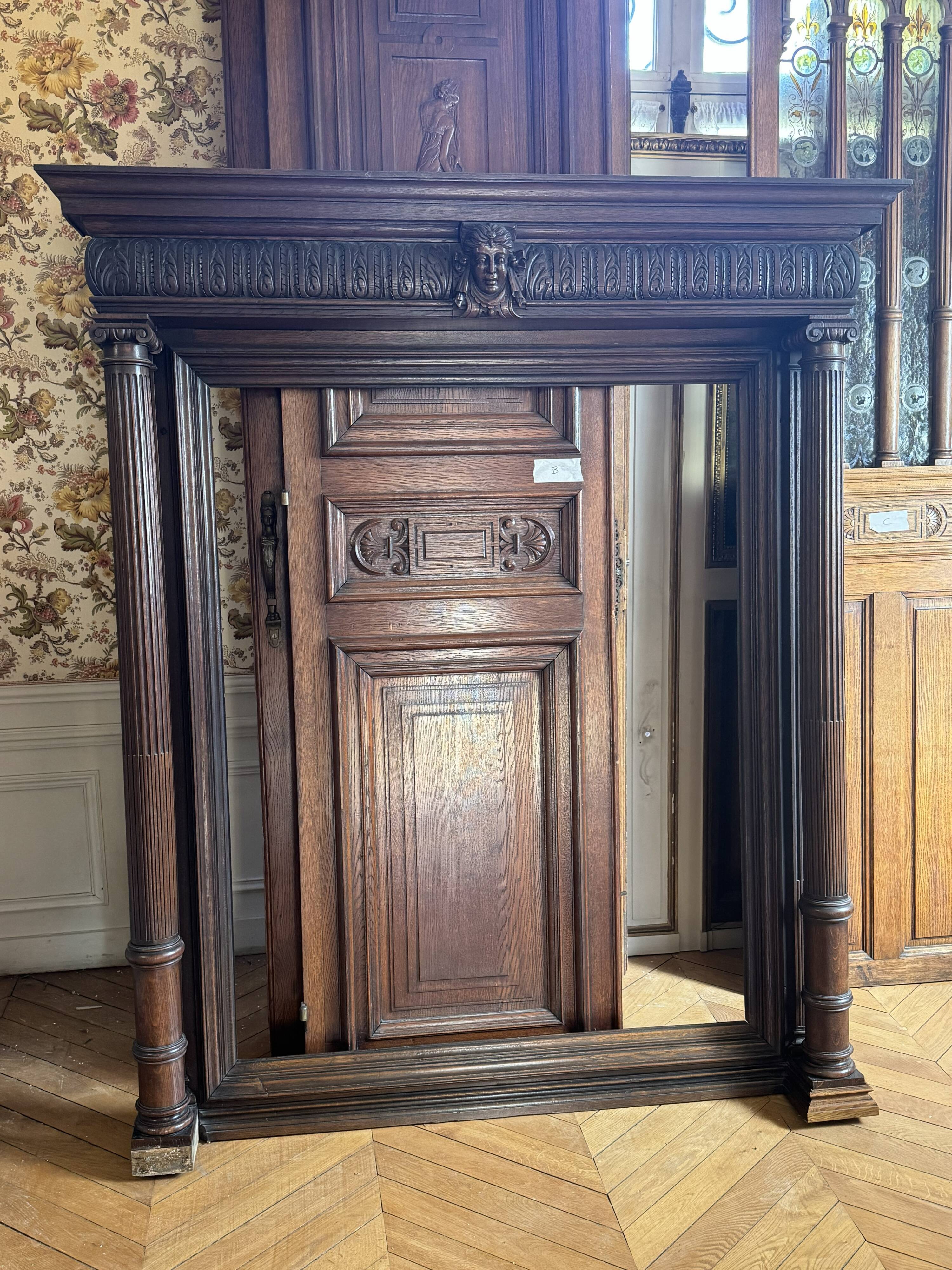 Antique carved wooden fireplace + overmantel – Napoléon III style