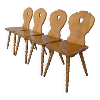 Set of 4 Vintage Tyrolean Heart Cutout Wooden Dining Chairs