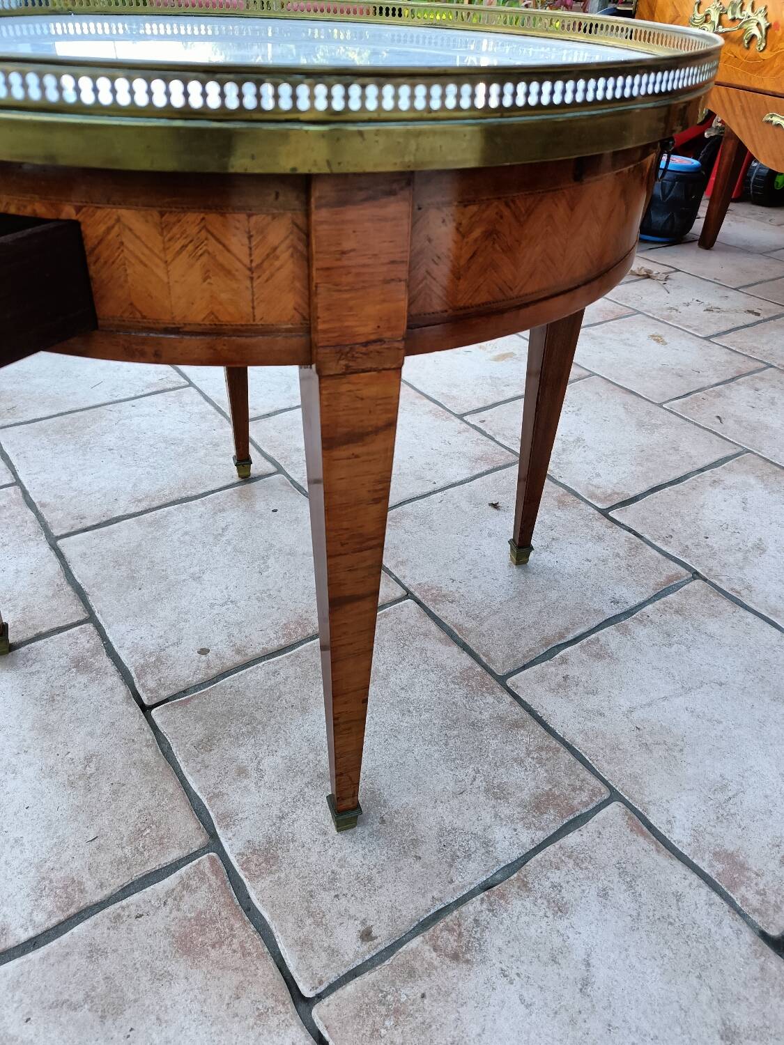 Antique Louis XVI style hot water bottle table with marble top