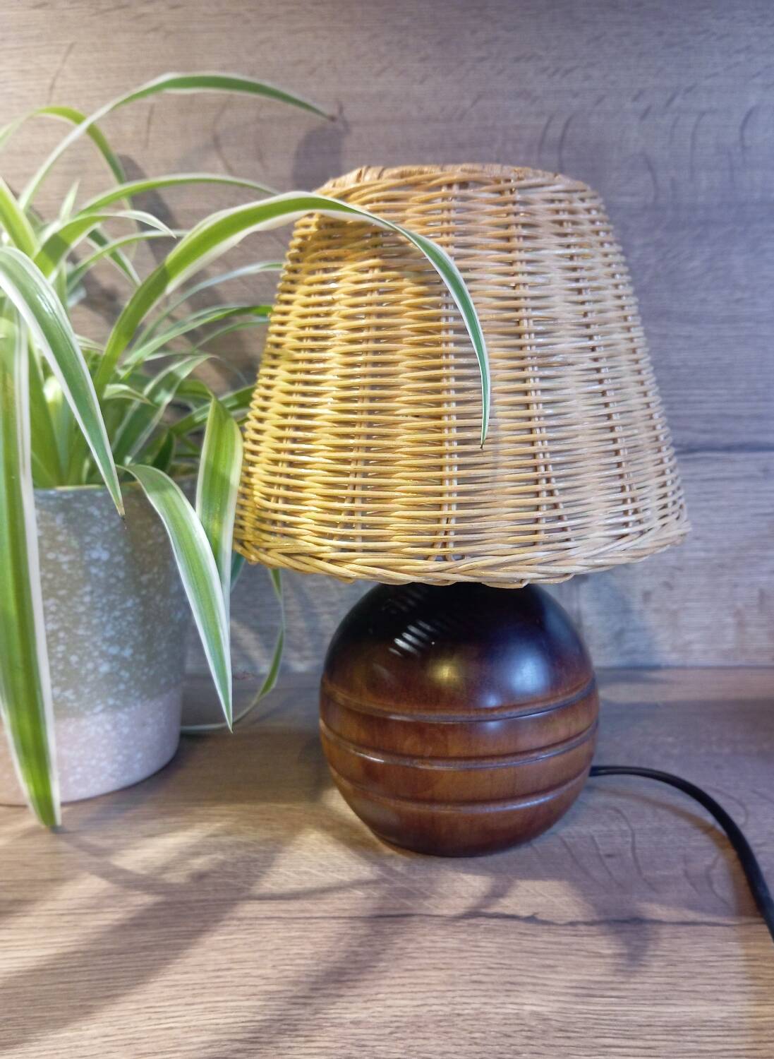 Vintage wooden and rattan table lamp