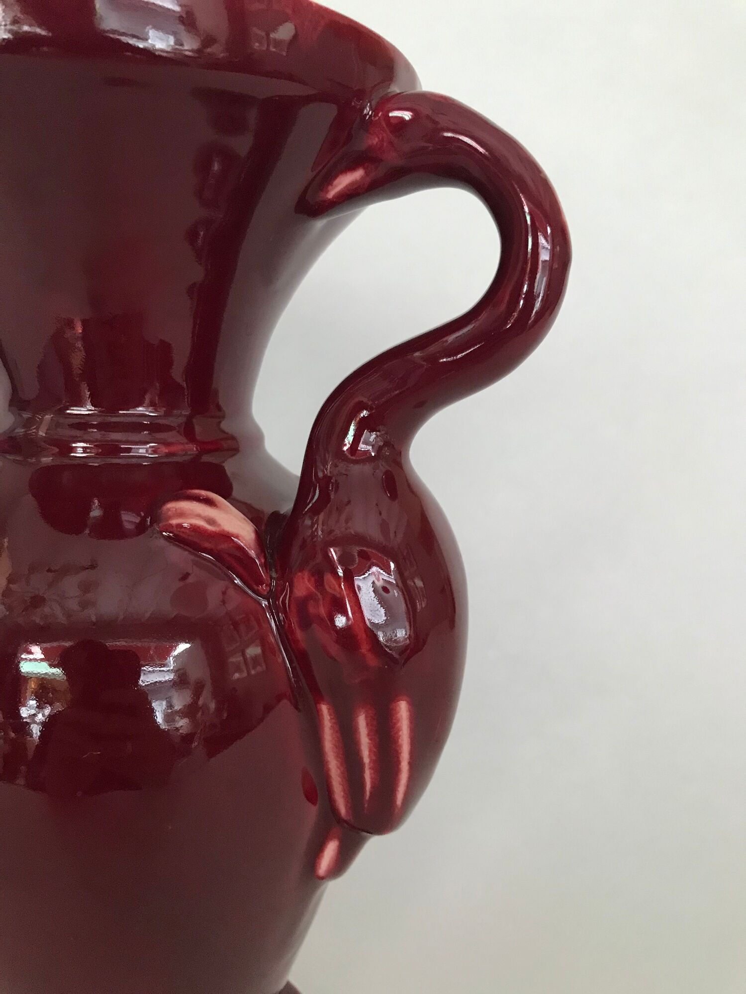 Red baluster vase with pink flamingo handles, signed Ray Camart, Antibes, circa 1960