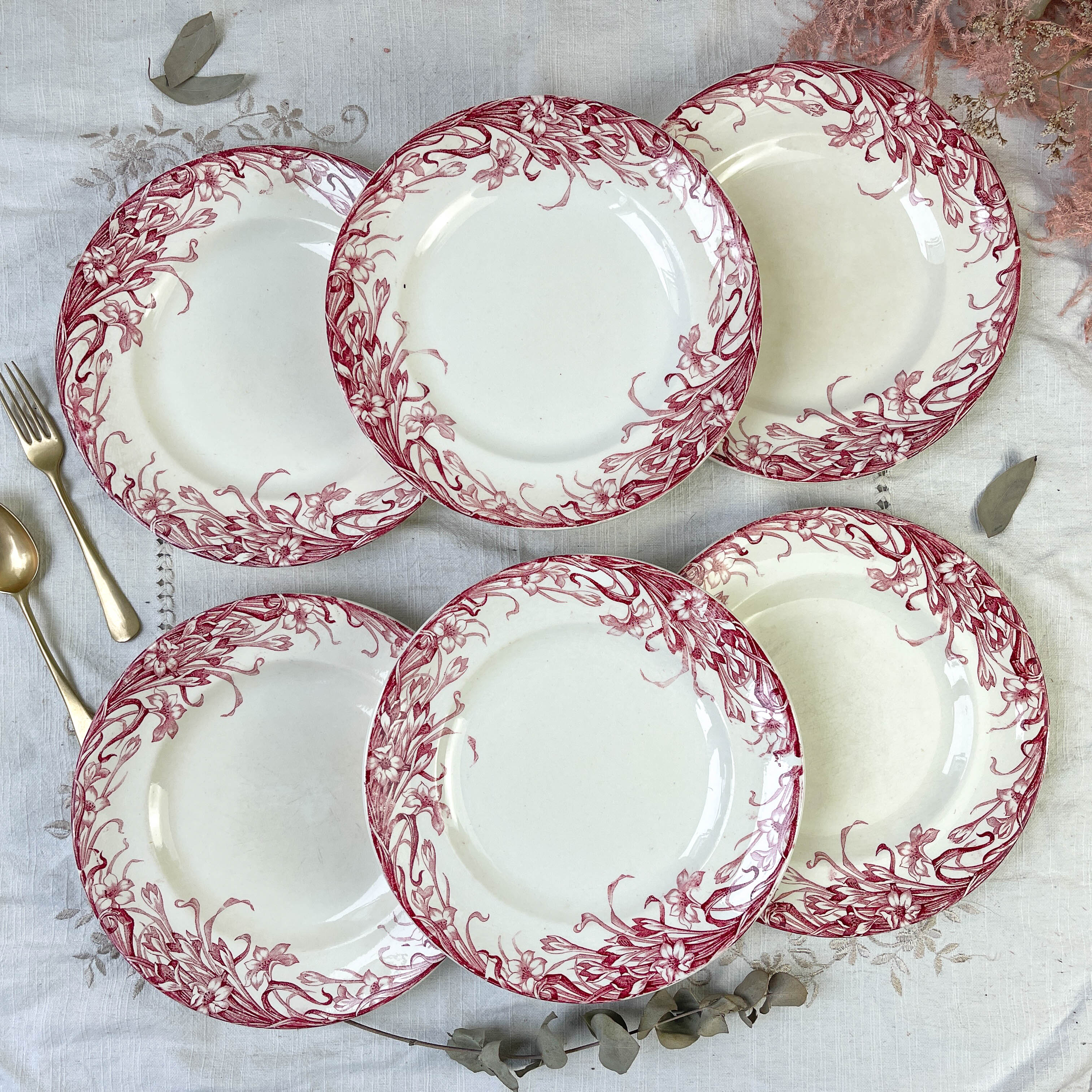 6 flat plates red iron earth longwy "reeds"