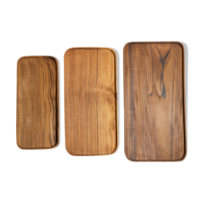 Trio de plateaux ou coupelles de forme rectangulaire arrondi en teck monoxyle L:35