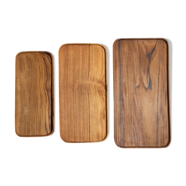 Trio de plateaux ou coupelles de forme rectangulaire arrondi en teck monoxyle L:35