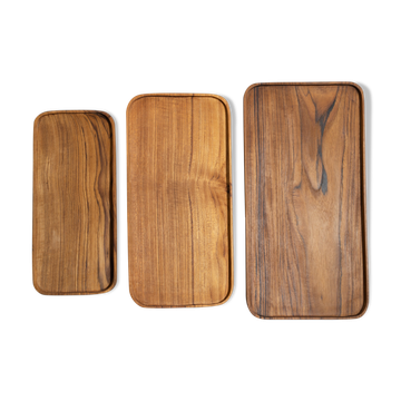 Trio de plateaux ou coupelles de forme rectangulaire arrondi en teck monoxyle L:35