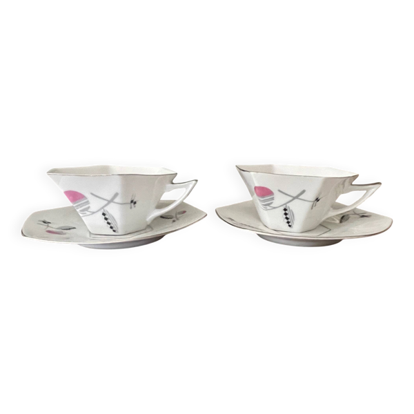 lot de 2 tasses à thé en porcelaine de Tchécoslovaquie art déco