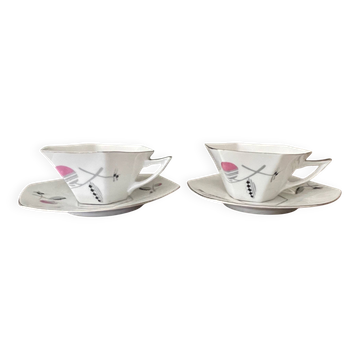 set of 2 Art Deco porcelain tea cups from Czechoslovakia