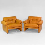 Vintage Coronado Brown Leather Living Room Set Tobia Scarpa Labeled C&B Ita
