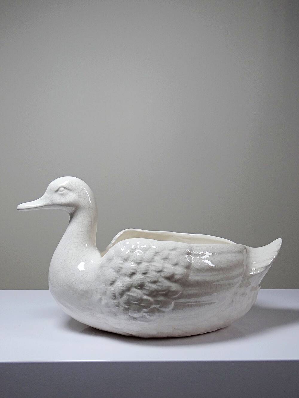 Cache pot/coupe canard en faïence craquelée beige vintage