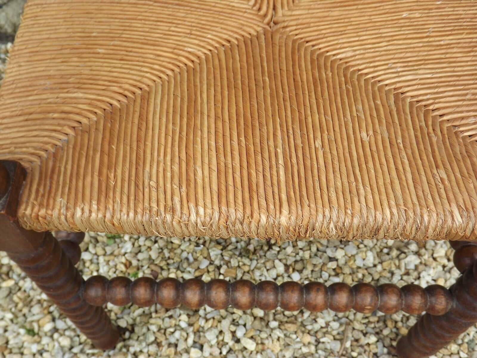 French antique turned wooden bobbin chair with rush seat 4156