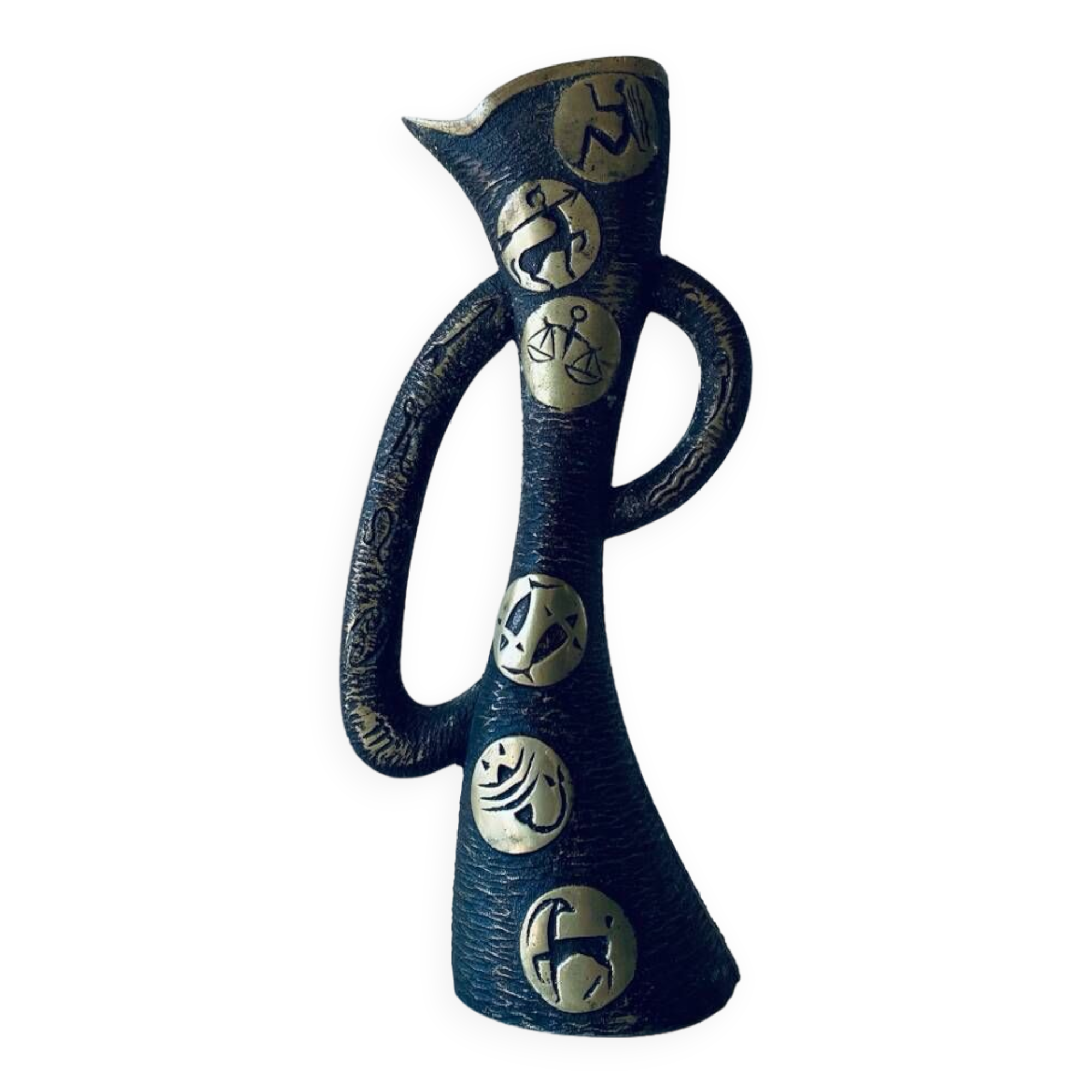 Brutalist bronze vase, the signs of the zodiac