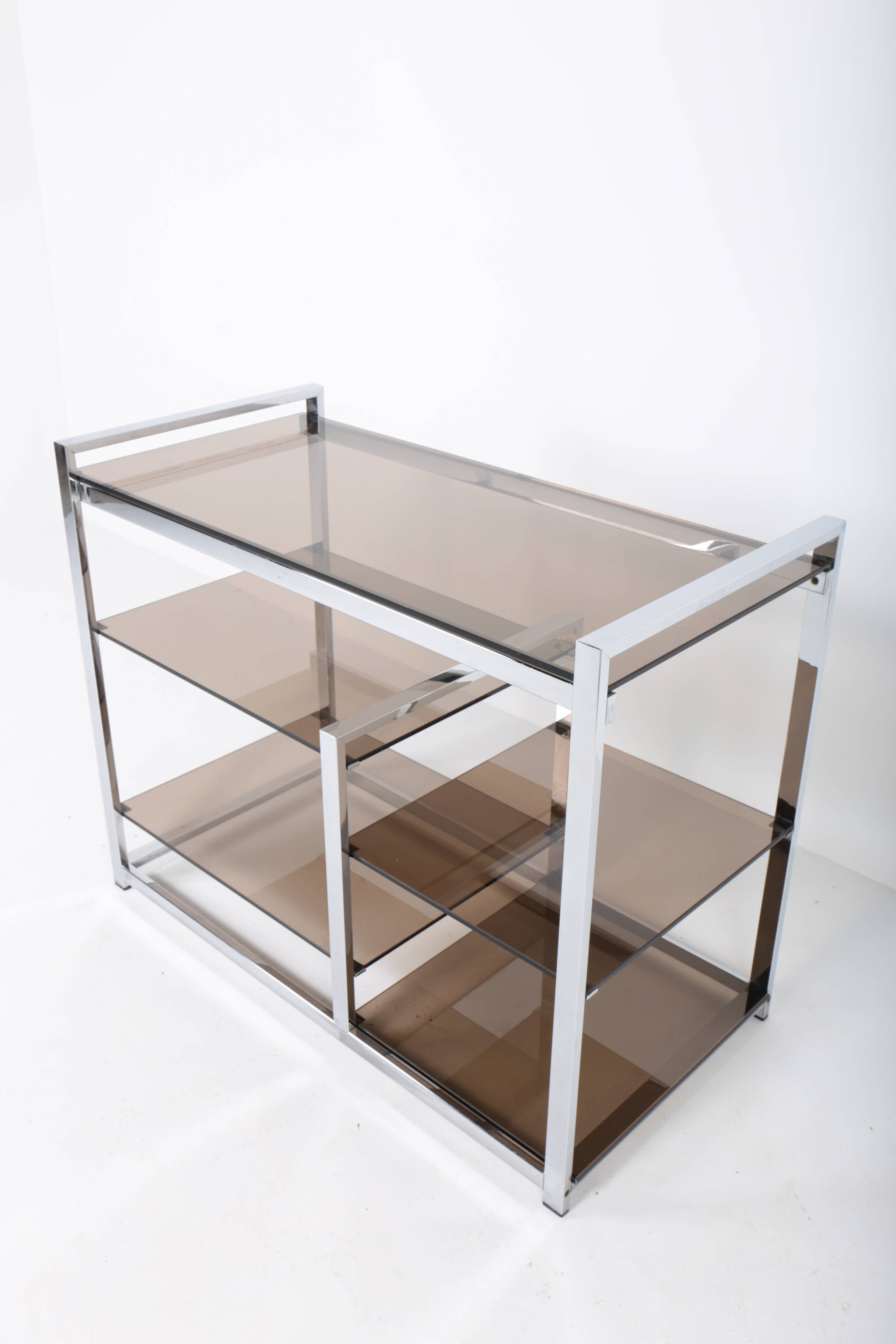 Vintage hifi or TV unit in chrome steel and smoked glass