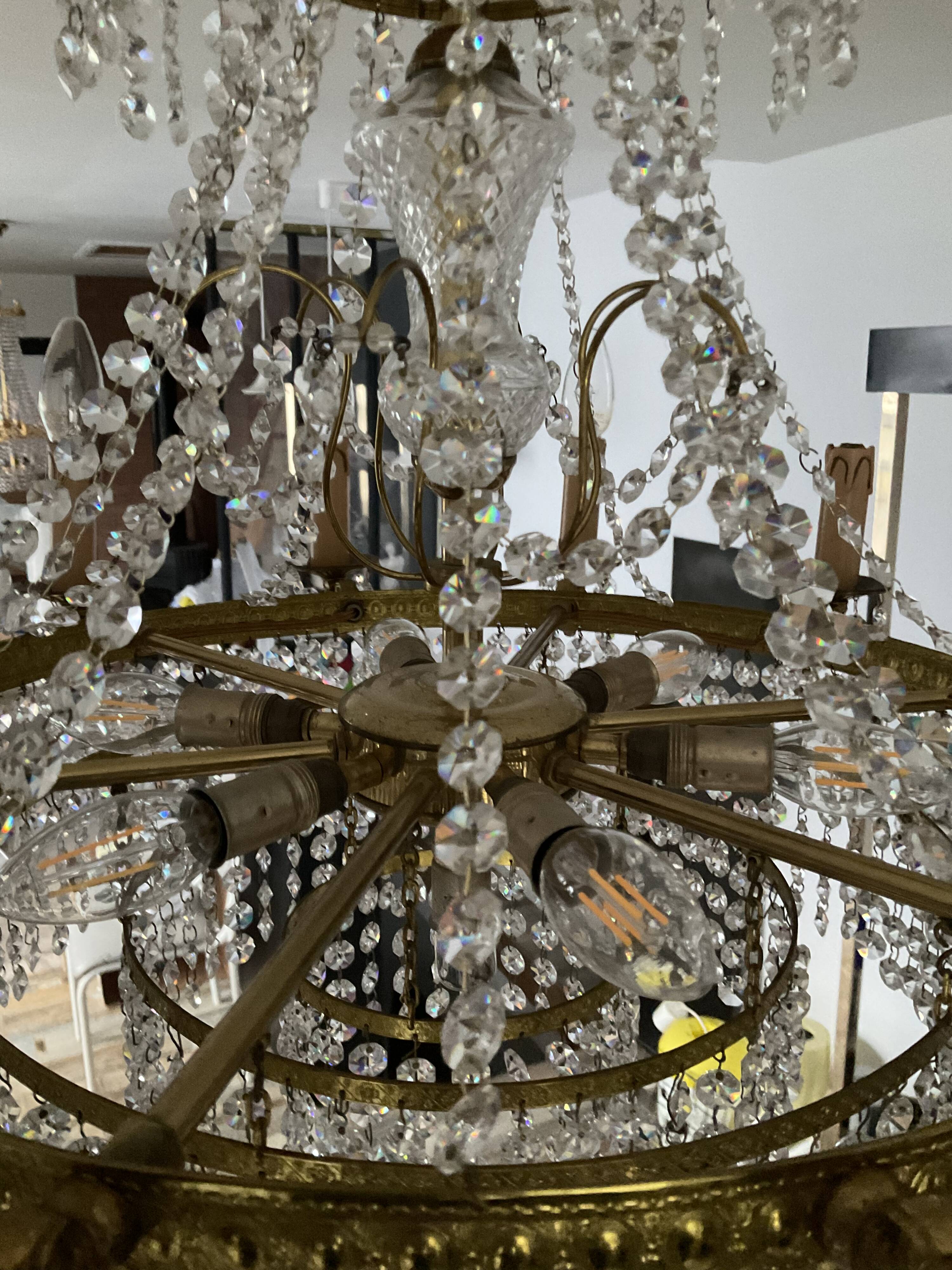 Old cascade chandelier with crystal pendants 19 lights