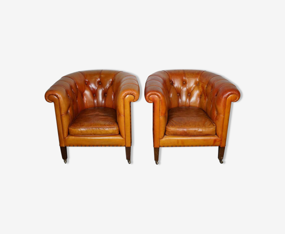 Set de 2 fauteuils club Chesterfield vintage en cuir cognac | Selency