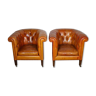 Set of 2 vintage Chesterfield club armchairs in cognac leather