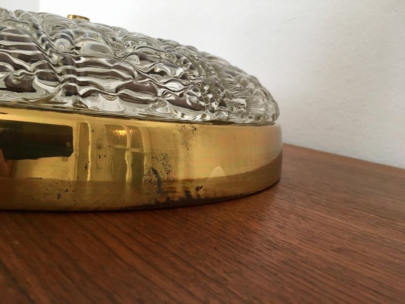 Impressive Mid Century Modern brass and ice glass ceiling lamp