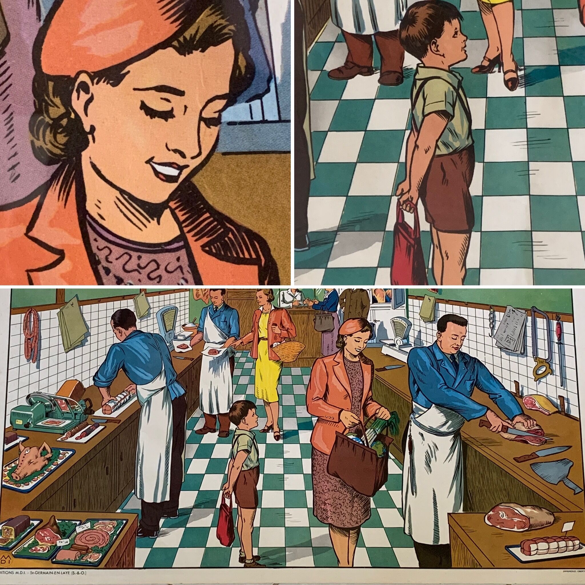 School poster 1960 framed double-sided n14bis The butcher charcutier- n 15 The garage