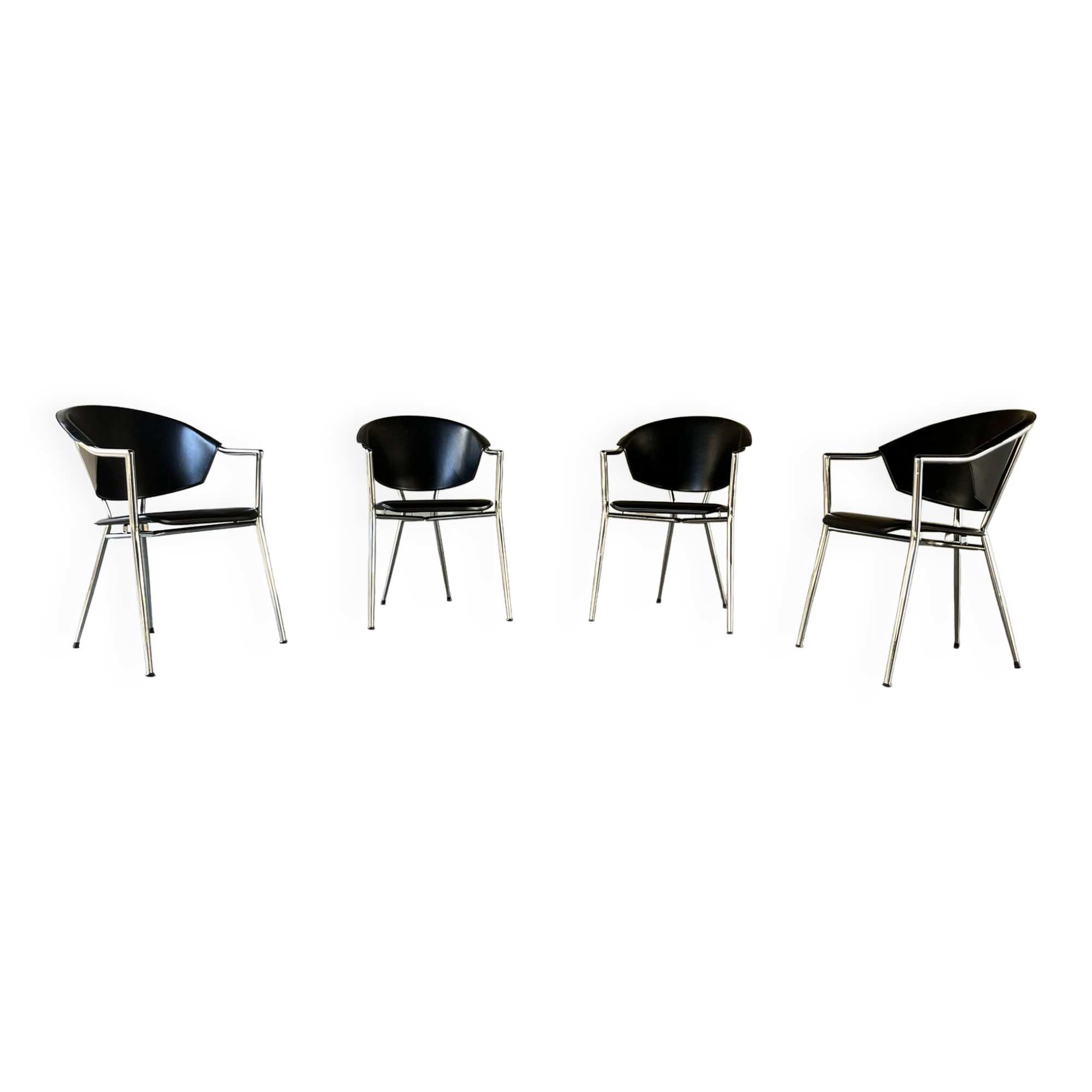 Set of four Italian black leather chairs, 1970