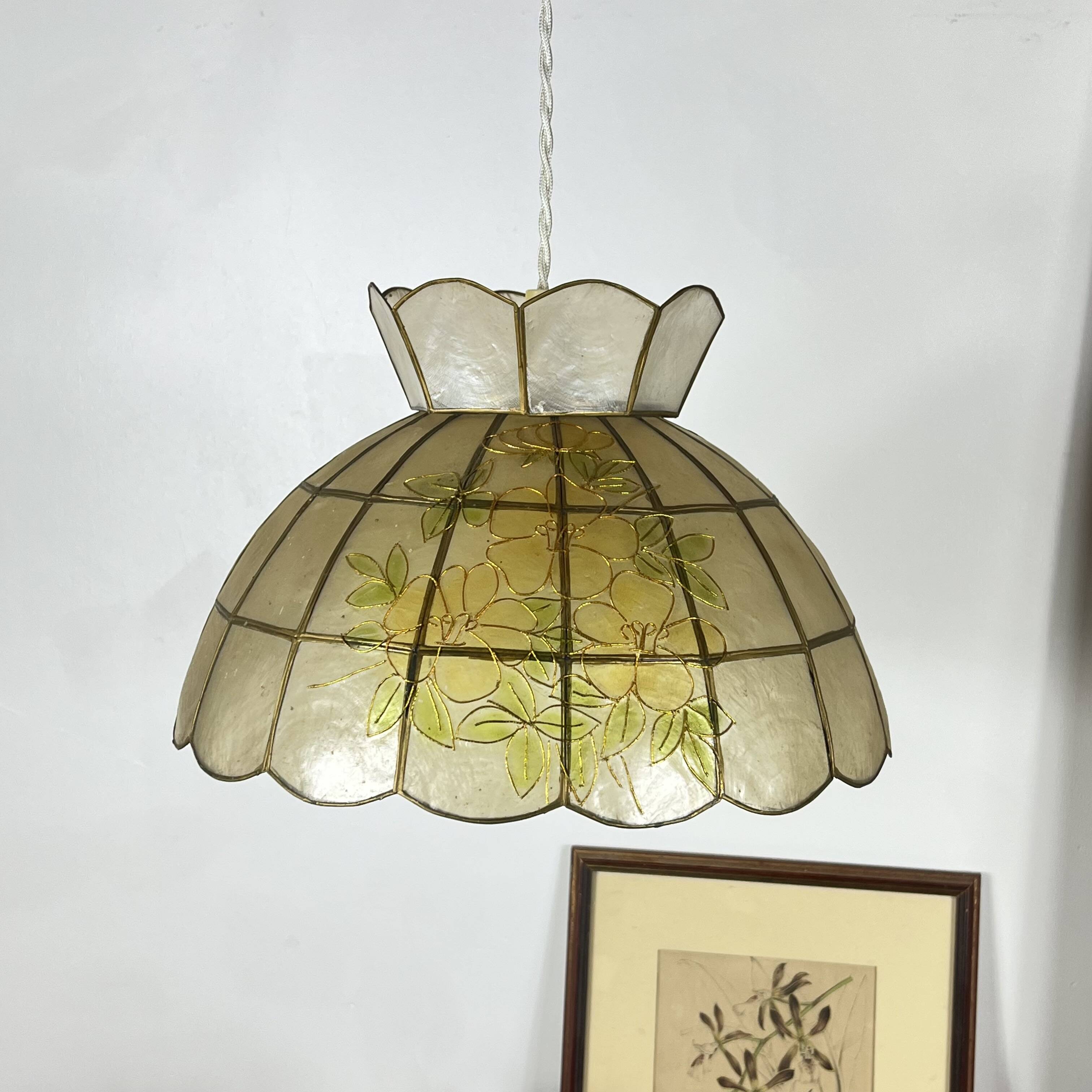 Capiz shell pendant light with flowers