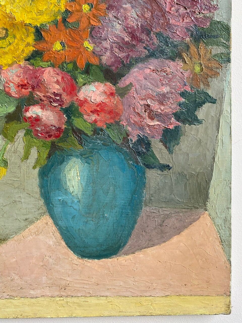 Antique painting, still life with blue vase and flowers, mid-20th century
