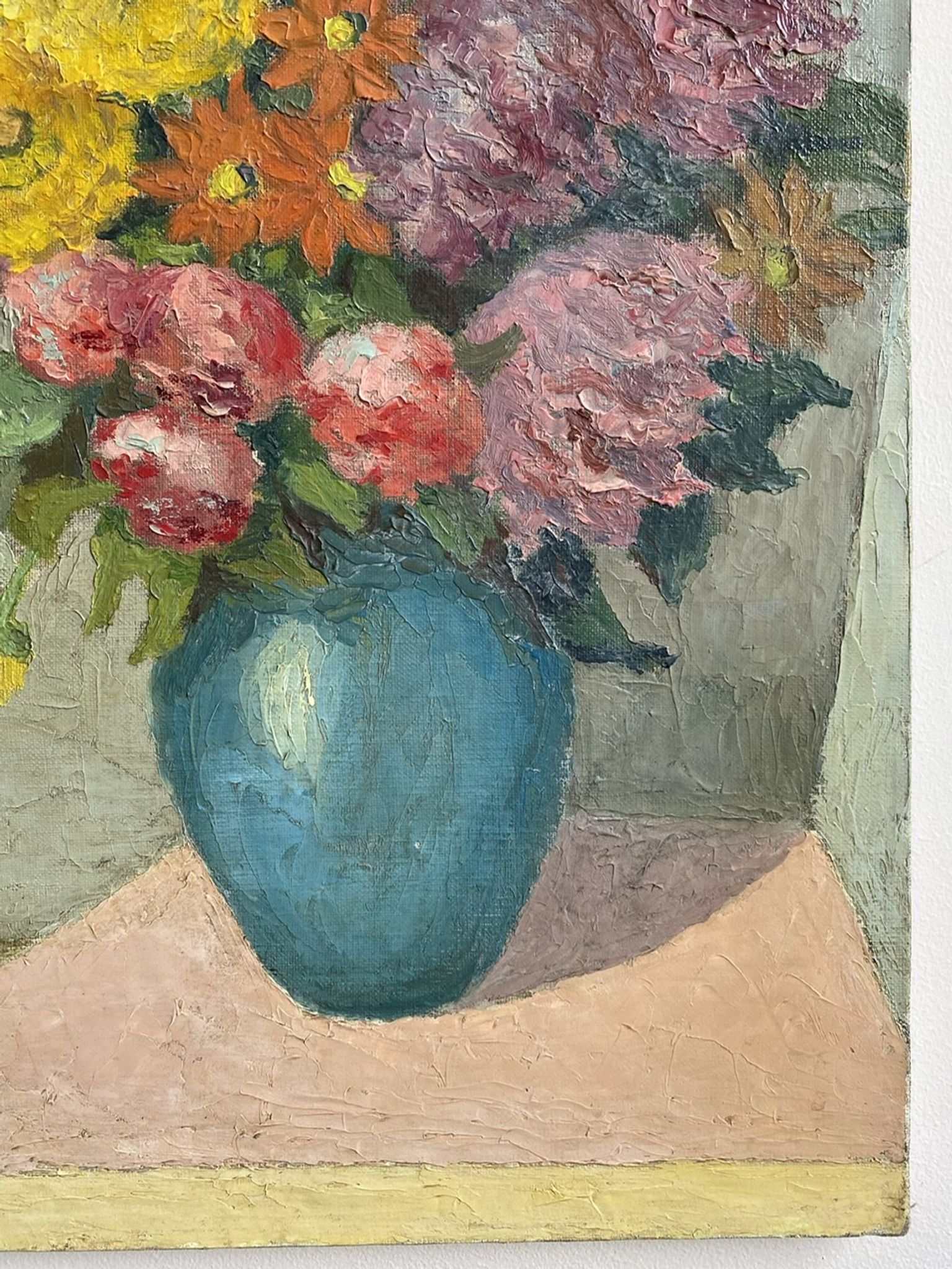 Antique painting, still life with blue vase and flowers, mid-20th century