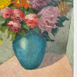 Antique painting, still life with blue vase and flowers, mid-20th century