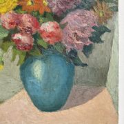 Antique painting, still life with blue vase and flowers, mid-20th century