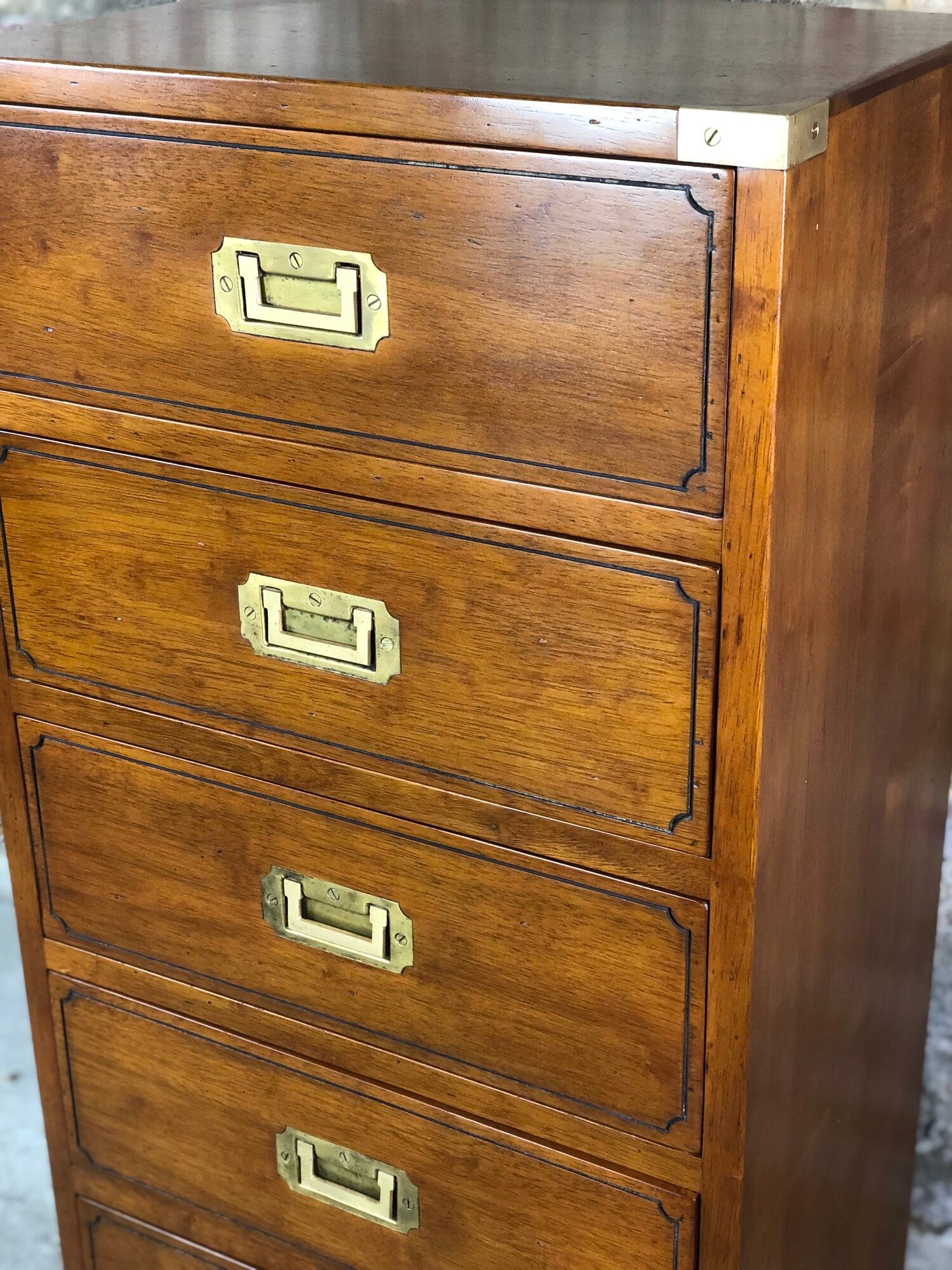 Chiffonnier / storage cabinet 5 drawers in rubber tree tint walnut and brass