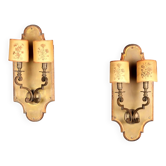 Antique bronze wall sconces with floral patterned shades, 20th century.