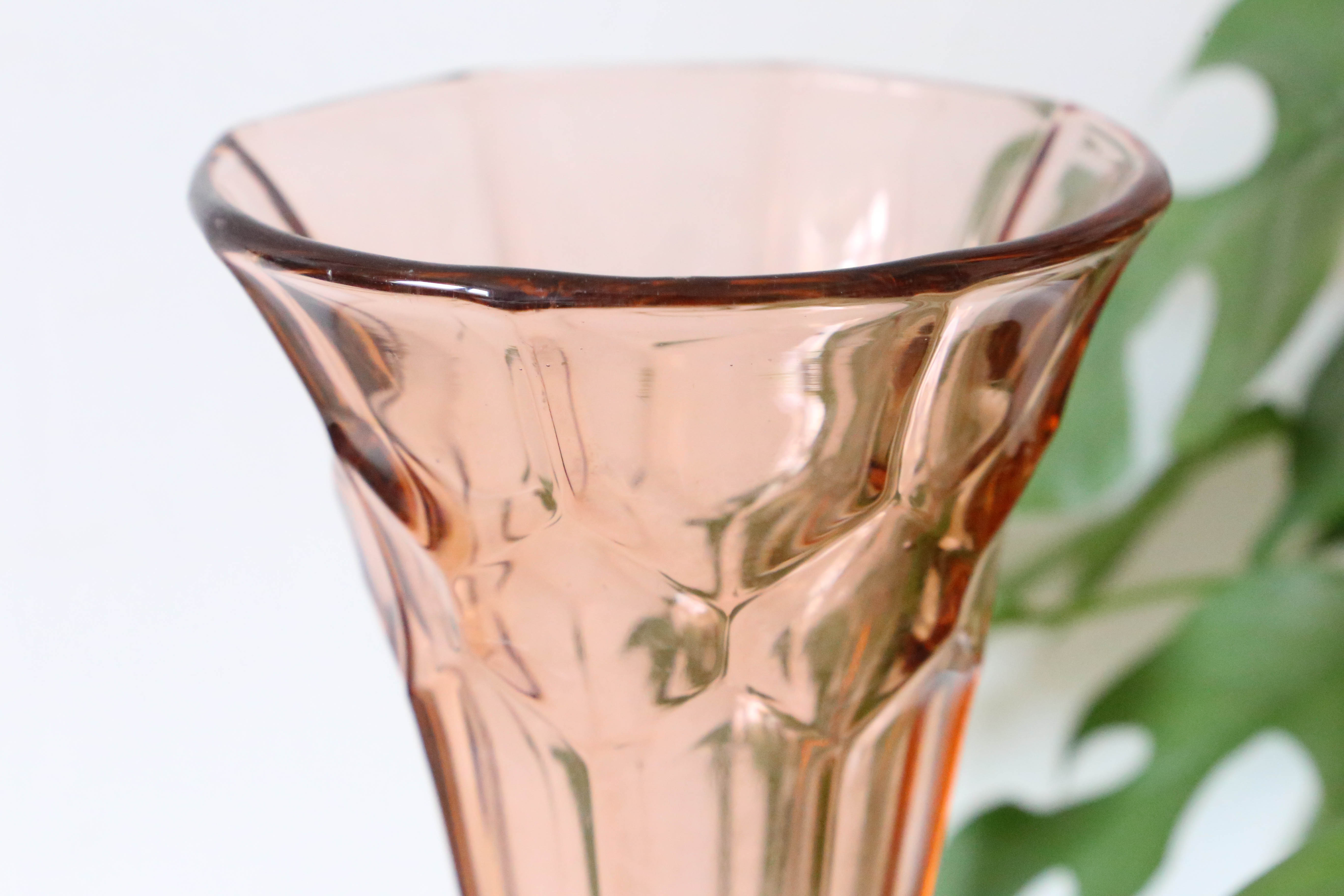Large antique pink glass vase, molded glass, vintage French, authentic