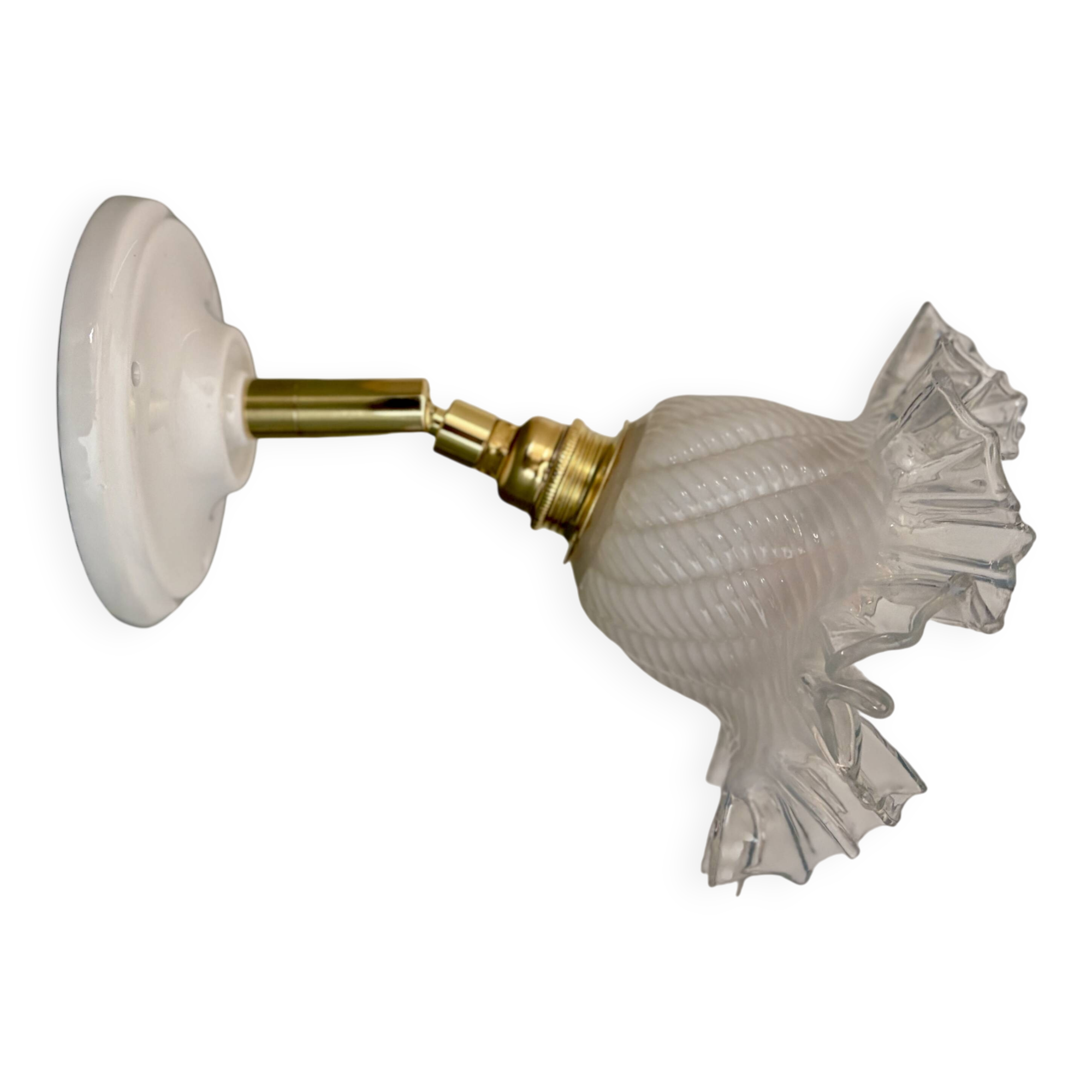 Vintage tulip glass wall light in transparent, slightly pearlescent white.