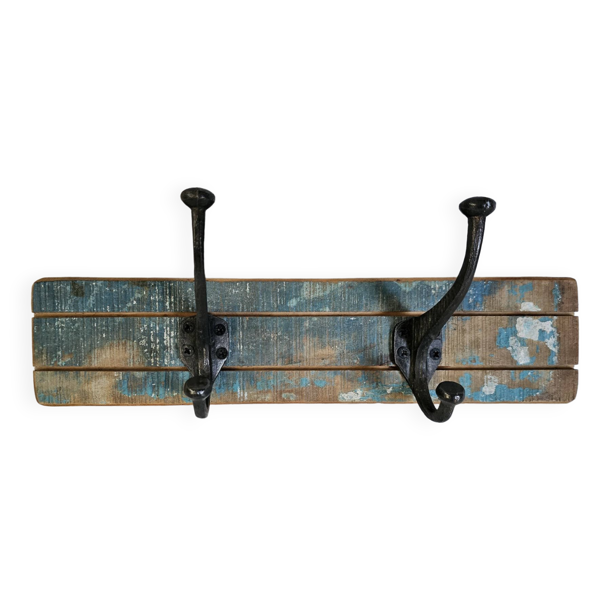 Solid teak coat hook with 2 double cast iron hooks