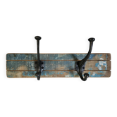 Solid teak coat hook with 2 double cast iron hooks