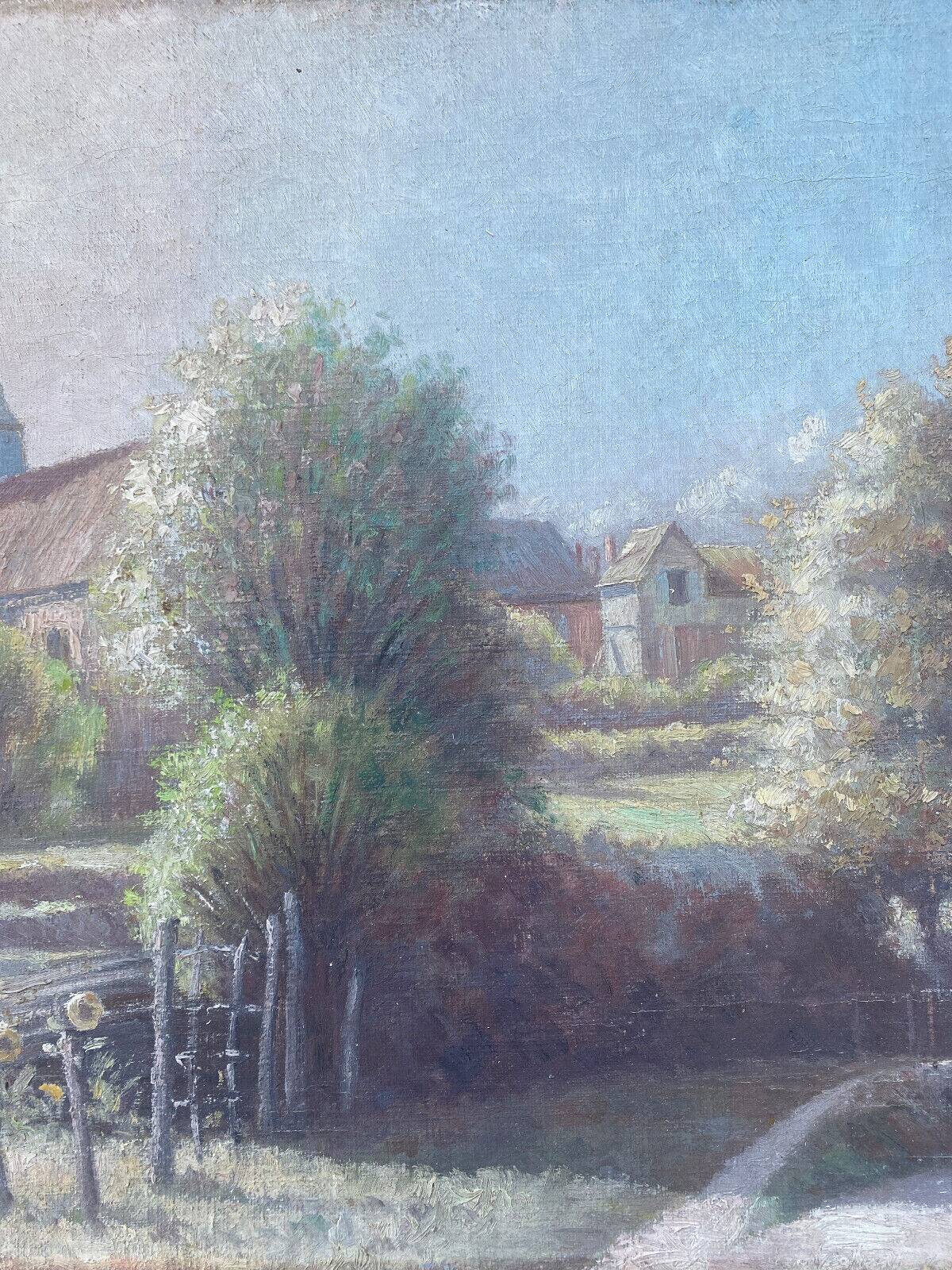 HST painting "Country part with bell tower" signed 19th century