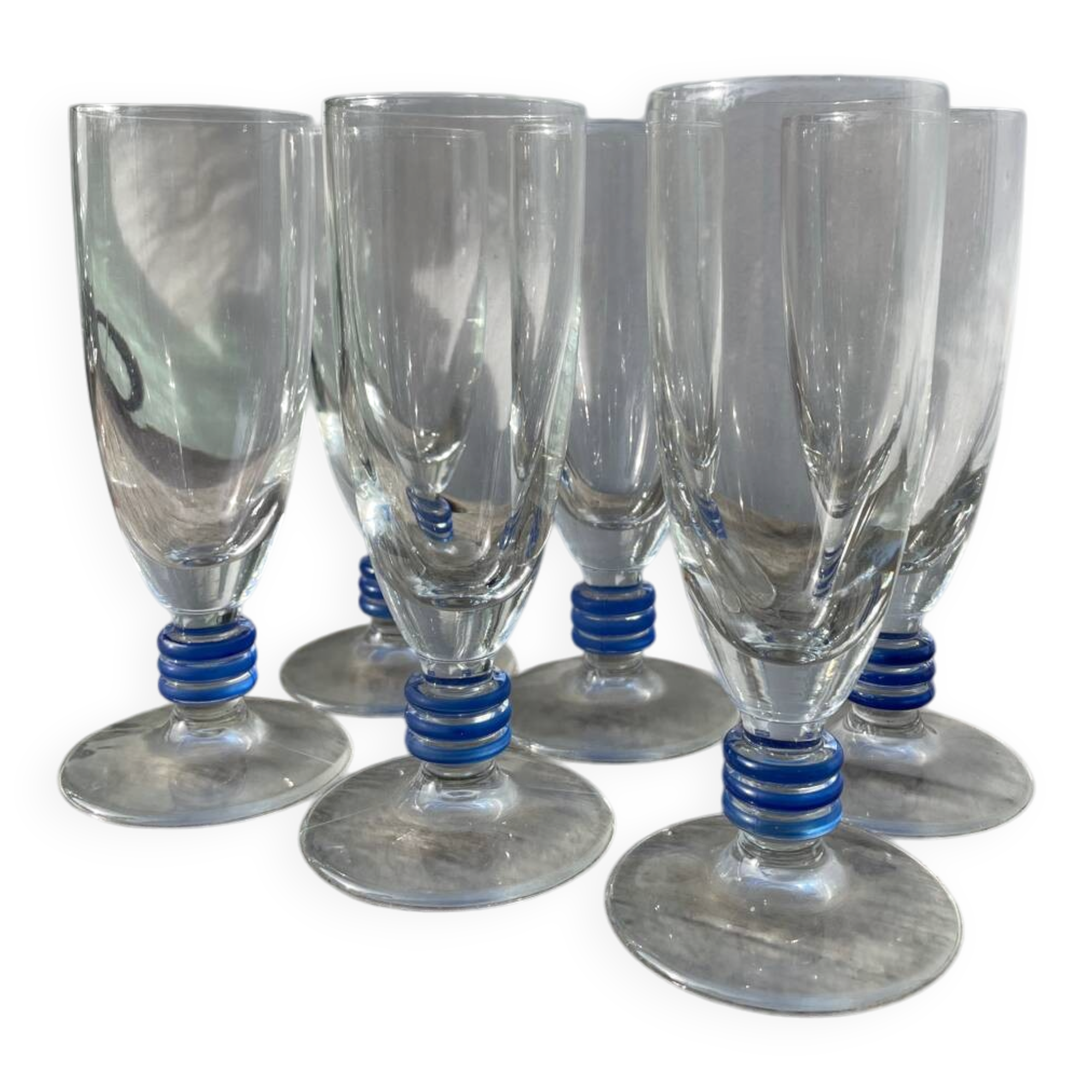 6 clear champagne flutes with blue stems, designer style