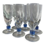 6 clear champagne flutes with blue stems, designer style
