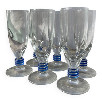 6 clear champagne flutes with blue stems, designer style