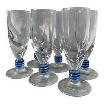 6 clear champagne flutes with blue stems, designer style