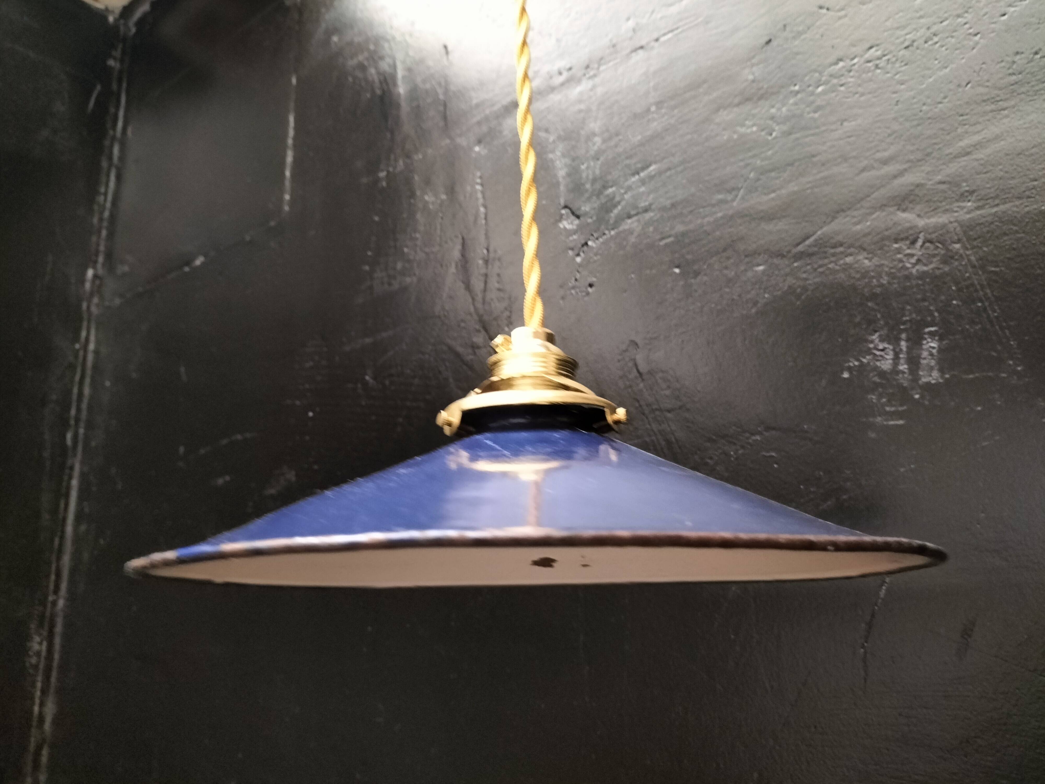 Blue enameled sheet metal pendant lights