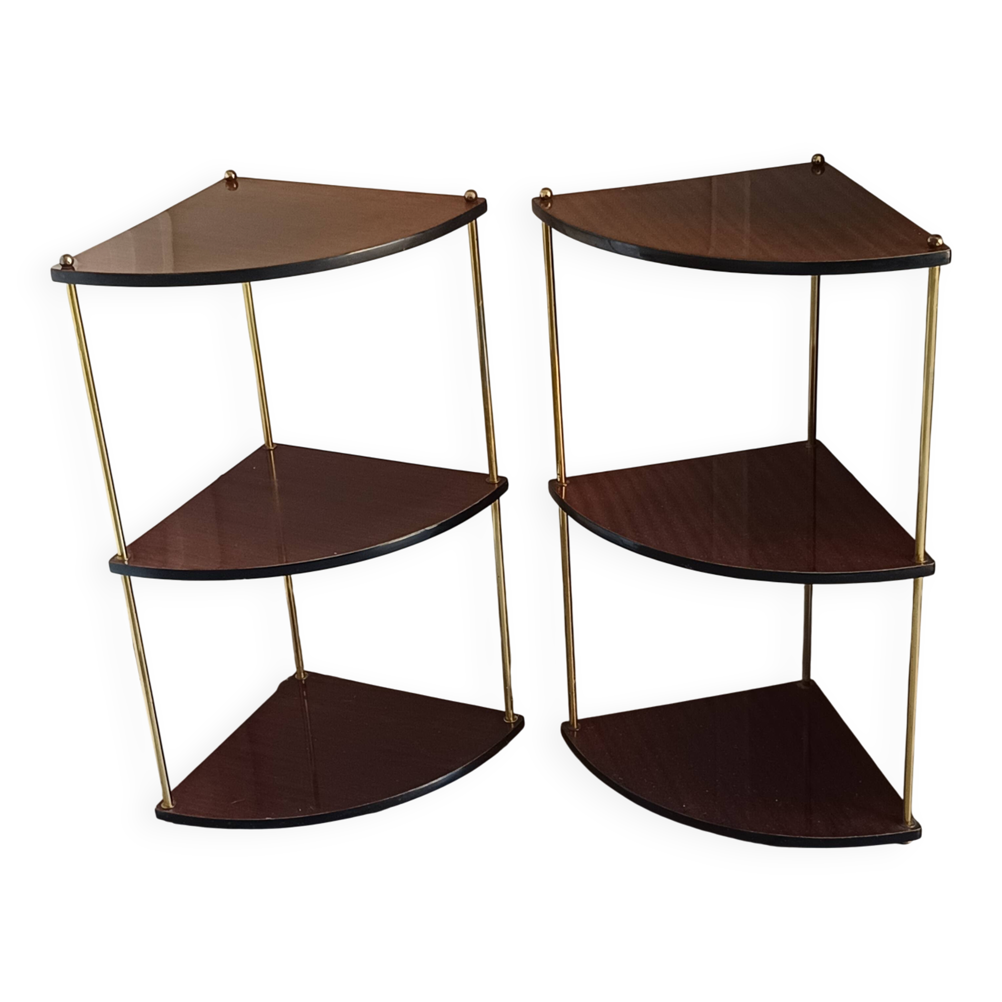 Pair of vintage corner shelves in wood and gold metal, 1960s