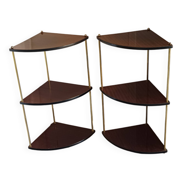 Paire d’étagères d’angle vintage en bois et métal doré, années 60