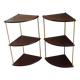 Pair of vintage corner shelves in wood and gold metal, 1960s