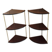 Pair of vintage corner shelves in wood and gold metal, 1960s