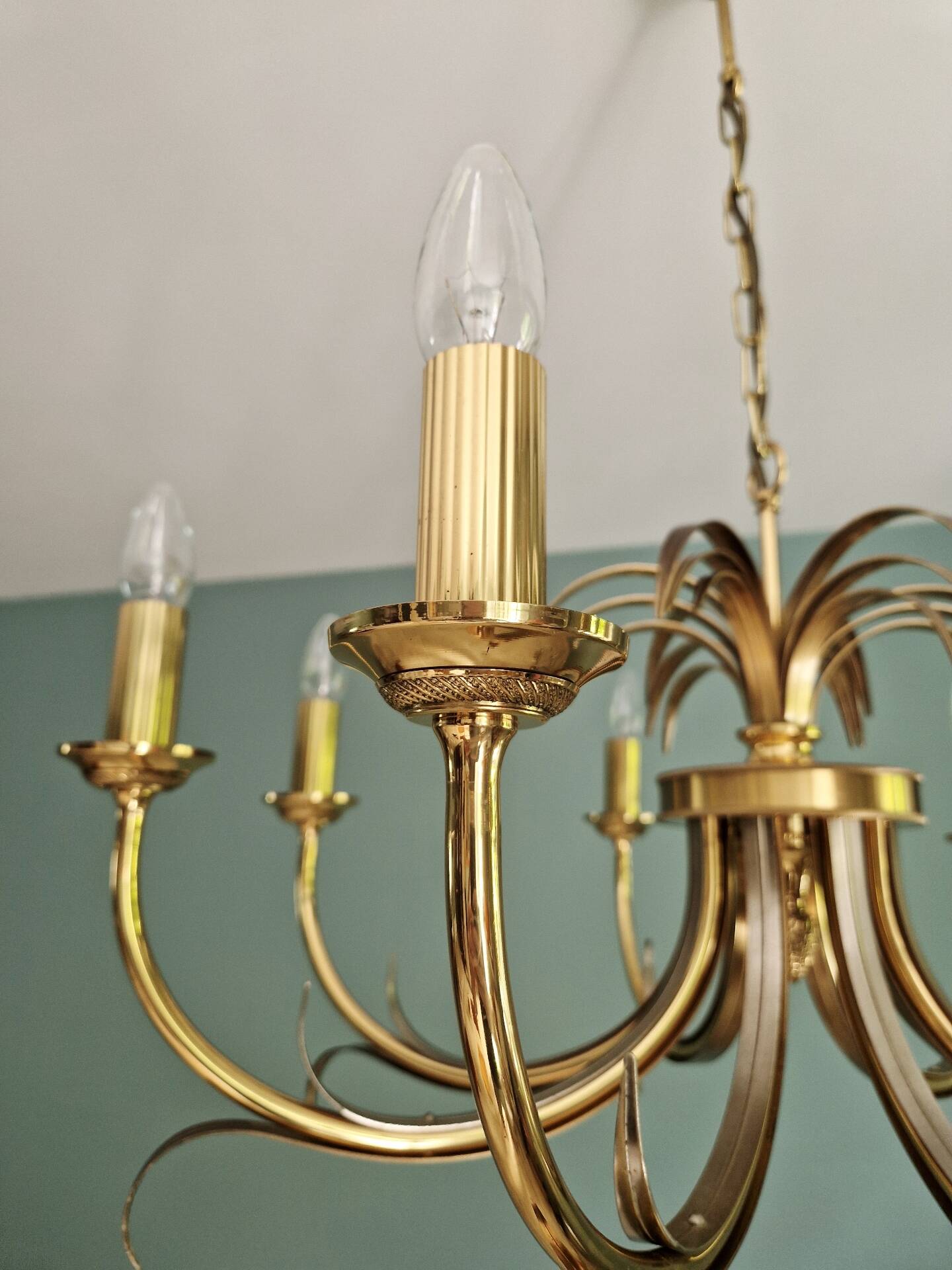 Brass chandelier, pineapple leaf decoration, Boulanger, 1970