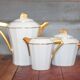 Art Deco porcelain tea service from Limoges, sugar bowl and milk jug, kitchen.