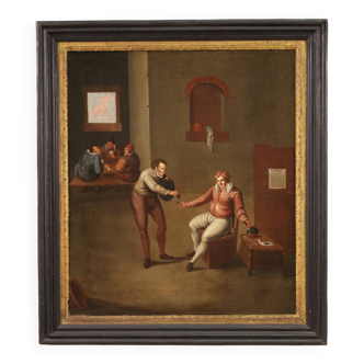 Antique Flemish interior scene painting from the 17th century