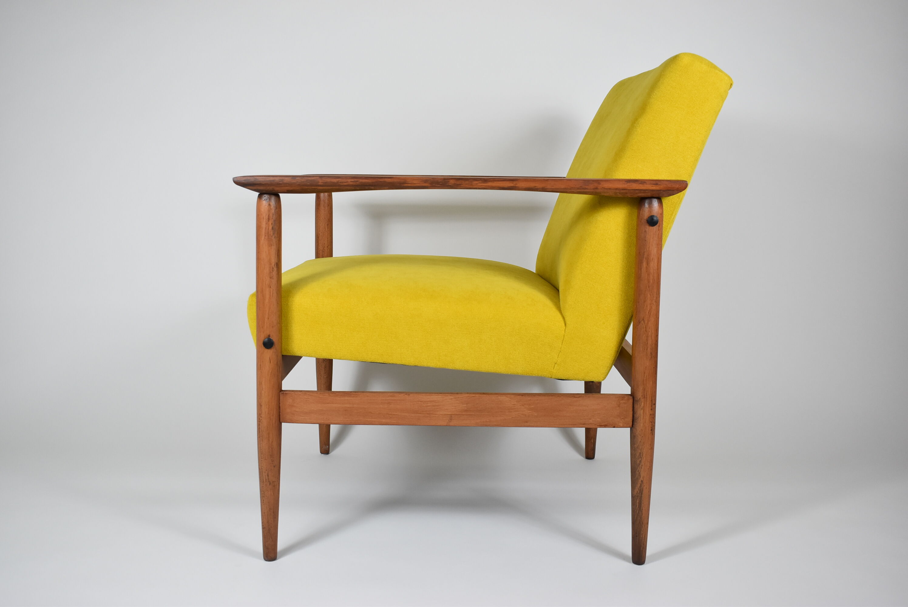 Vintage armchair yellow fabric, teak wood, 1960s