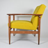 Fauteuil vintage en tissu jaune bois de teck années 1960